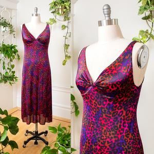 Vintage 1970s Maxi Slip Dress 70s Leopard Animal Print Nightie Party Colorful